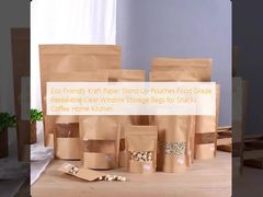 Eco Friendly Kraft Paper Stand Up Pouches Food Grade Resealable Clear Window Storage Bags for Snacks Coffee Home Kitchen